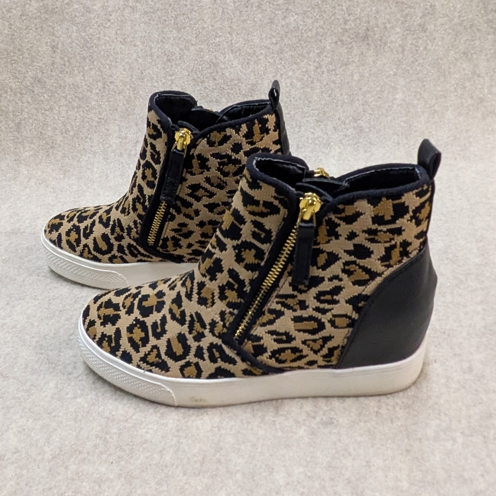 Steve Madden Black & Tan Knit Fabric & Leather Leopard Wedges Sz 7 Teens/Women - Picture 4 of 10